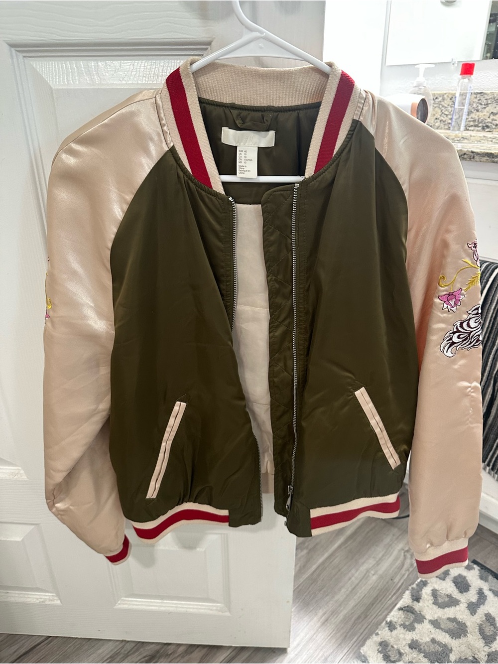 H&M Olive Green Bomber Jacket with Blush Trim and Red Stripe